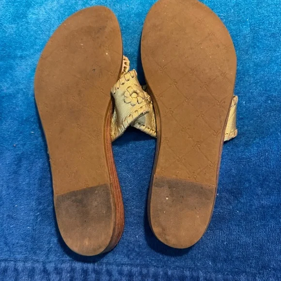 Jack Rogers Gold Leather Sandals Size 8M | Classic Whipstitch Thong Slide - Picture 3 of 4